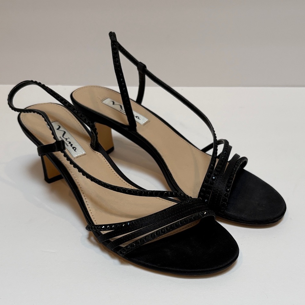 Nina Black Strappy Slingback Heels with Subtle Embellishment, Size 8.5 - Picture 2 of 10